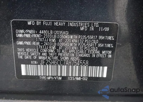 2010 Subaru Forester 2.5X Premium z USA, uszkodzony, nr VIN JF2SH6CC7AH754558